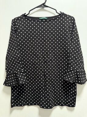 RALPH LAUREN WOMENS SHIRT BLACK WHITE POLKA DOTS 3/4 SLEEVE SLIGHT BELL